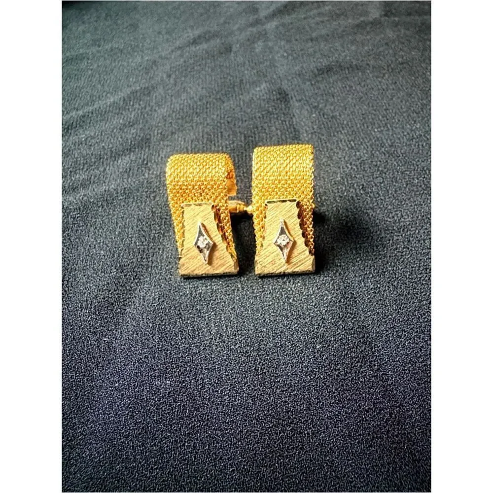 Vintage Anson Gold Tone Mesh Cufflinks Diamond Accent Wrap Style Mid century